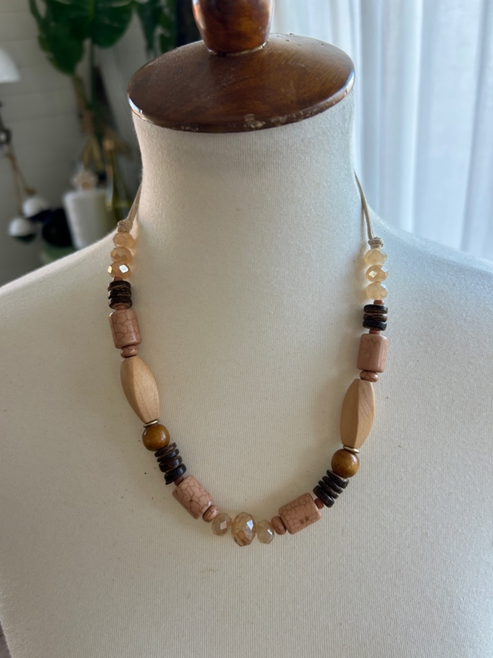 Women's Beaded Wooden Necklace - Beige and Brown